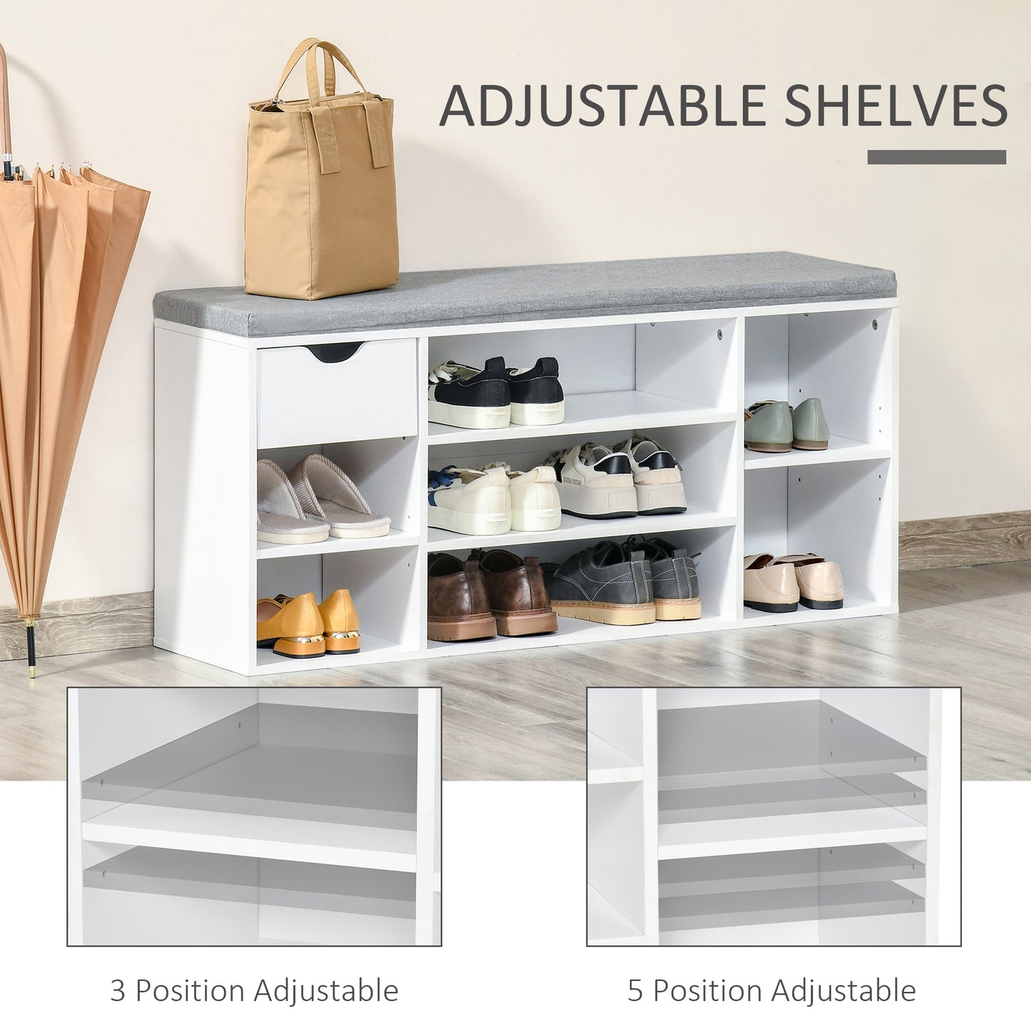 Shoe Bench with Seat Cushion Shoe Storage Cabinet with 7 Compartments Drawer Adjustable Shelves for Entryway Hallway Living Room White and Grey, HOMCOM, 5