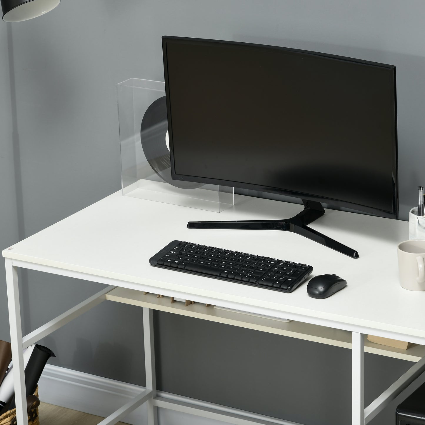 Computer Desk with Storage, 120 x 60cm Home Office Desk with 2 Shelves and Steel Frame, Writing Table for Living Room, Study, White, HOMCOM, 7