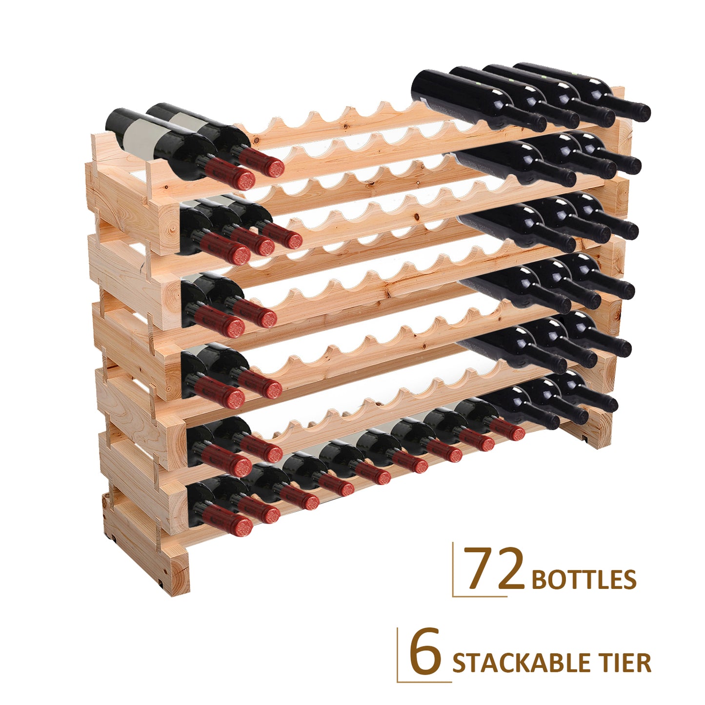 Six-Tier, 72 Bottle Wooden Wine Rack - Natural, HOMCOM, 5