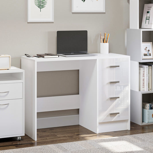 Computer Desk with Drawers, Dressing Table, High Gloss Home Office Writing Workstation, White, HOMCOM, 2
