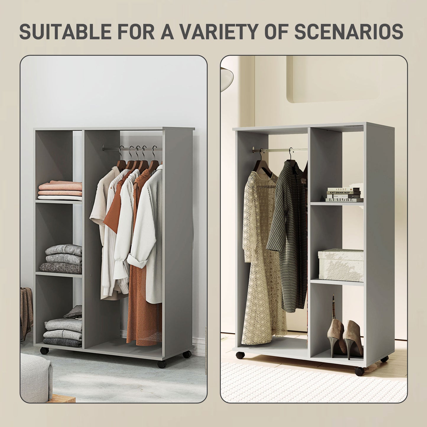 Open Wardrobe on Wheels with Clothes Rail, Bedroom Clothes Storage with Hanging Rod, 3 Storage Shelves, Mobile Garment Rack for Cloakroom, Hallway, Grey, HOMCOM, 4