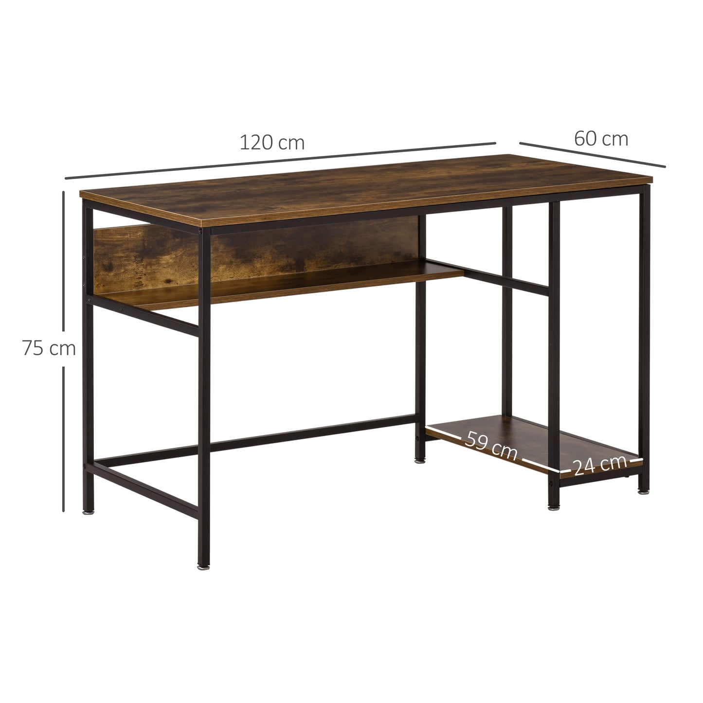 Computer Desk with Storage, 120 x 60cm Home Office Desk with 2 Shelves and Steel Frame, Writing Table for Living Room, Study, Rustic Brown, HOMCOM, 3