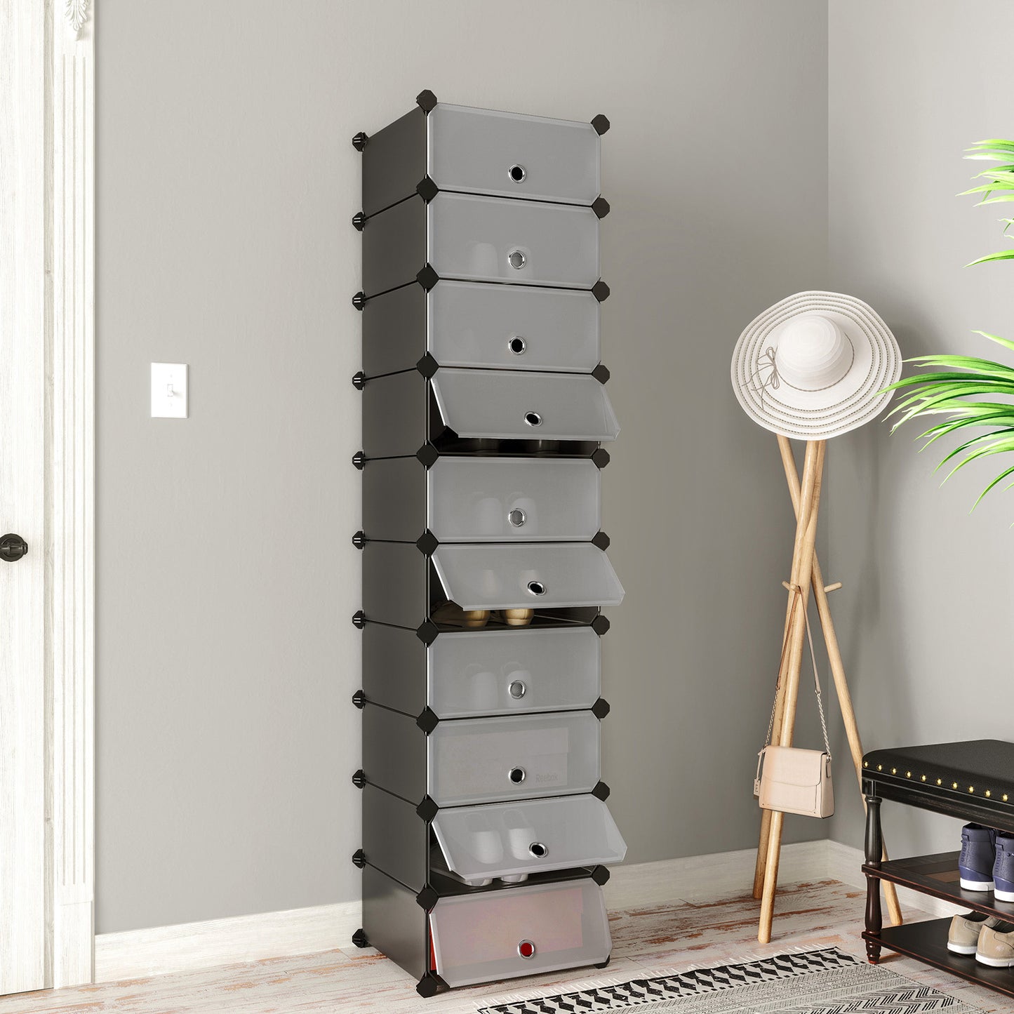 SONGMICS - Interlocking Shoe Rack, Rectangular Storage Organiser, 10-Slot Modular DIY Storage Shelf Unit, 40 x 30 x 17 cm for Each Slot