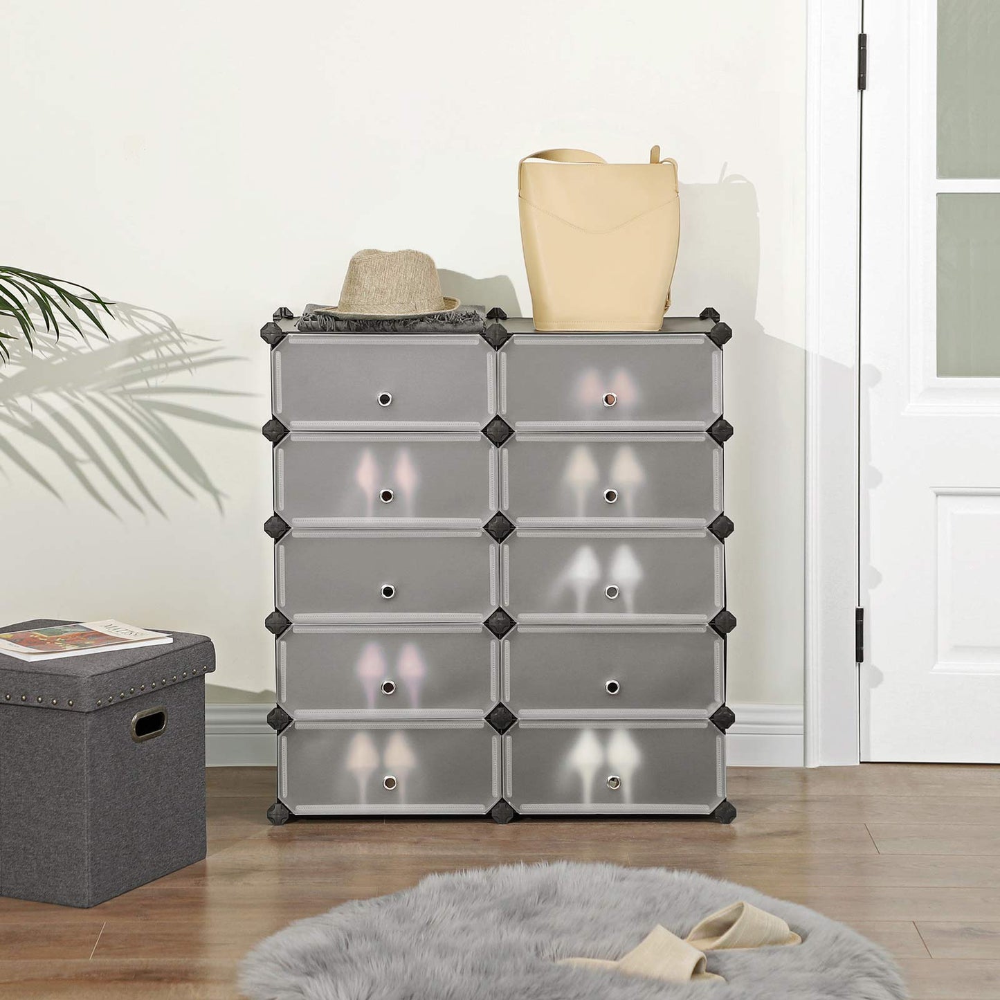 SONGMICS - Interlocking Shoe Rack, Rectangular Storage Organiser, 10-Slot Modular DIY Storage Shelf Unit, 40 x 30 x 17 cm for Each Slot