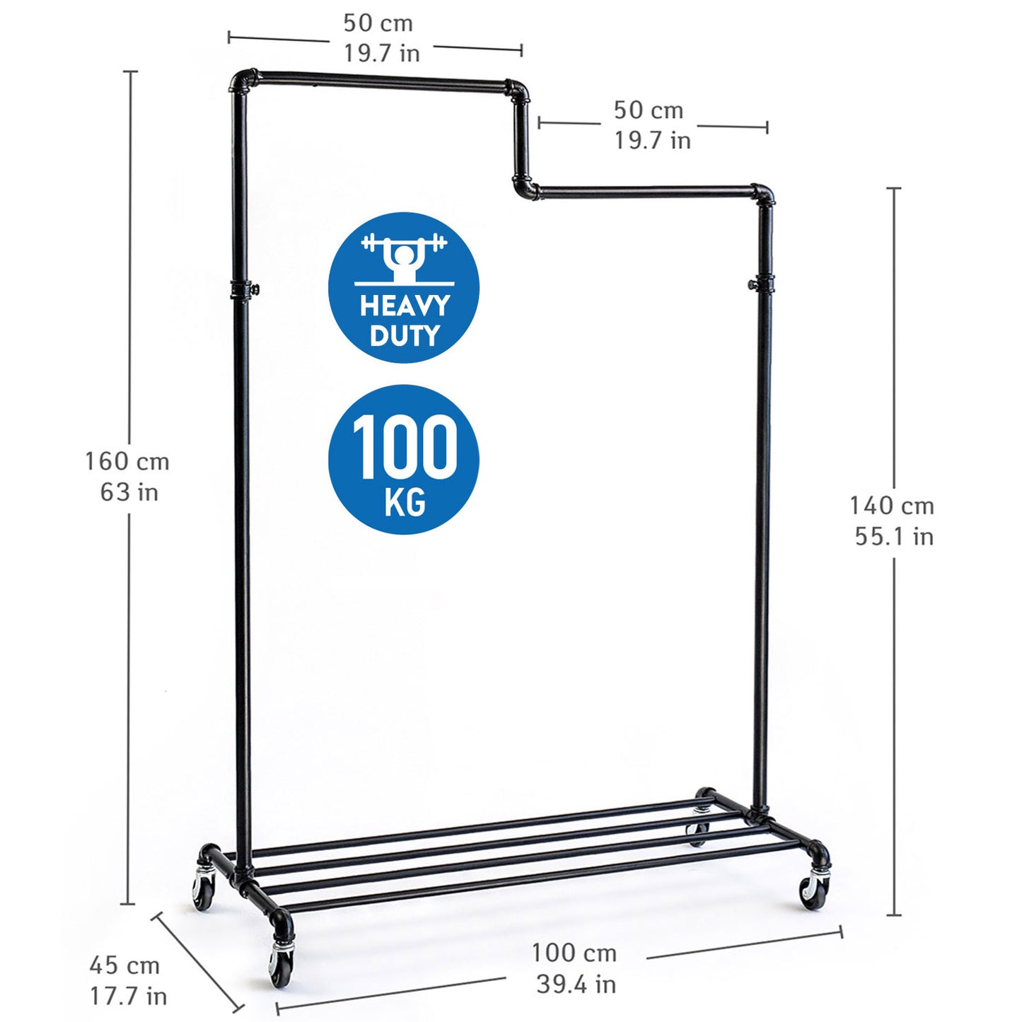 Clothes Rail Stable in Industrial Design, Heavy Duty Garment Rail with Shoe Rack, 100kg, Tatkraft Tube, 4