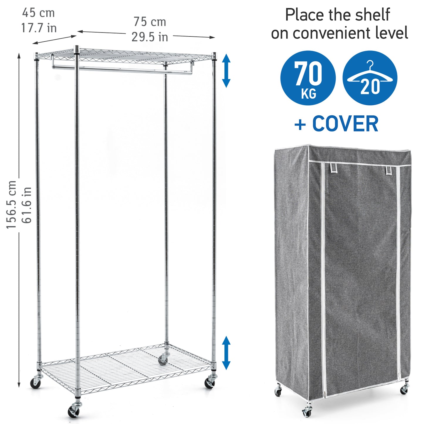 wardrobe, wardrobe on wheels, wardrobe on wheels with cover, heavy duty clothes rail, Holds up to 154 Lbs