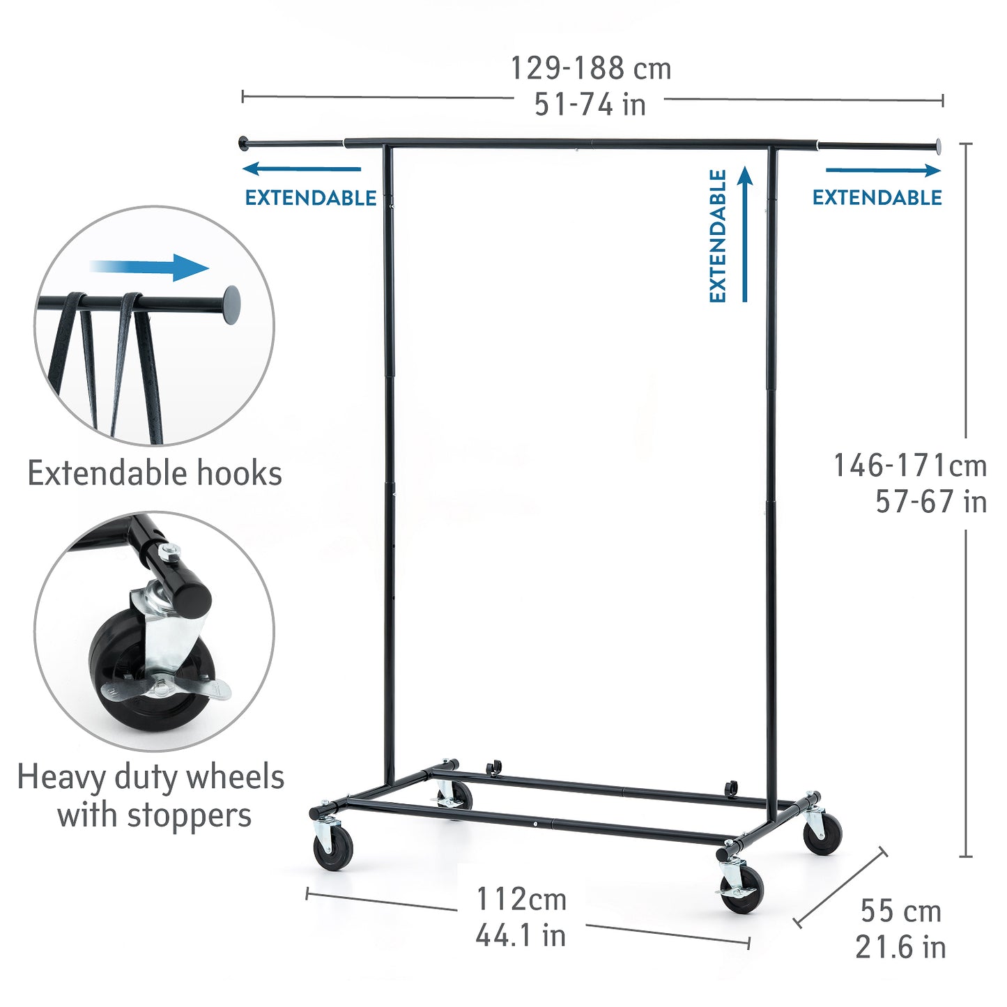 Extendable Clothes Rail, Heavy Duty, Holds Up to 70kg, Collapsible Clothes Rail, Clothes Rail on Wheels, Tatkraft Derek, 7