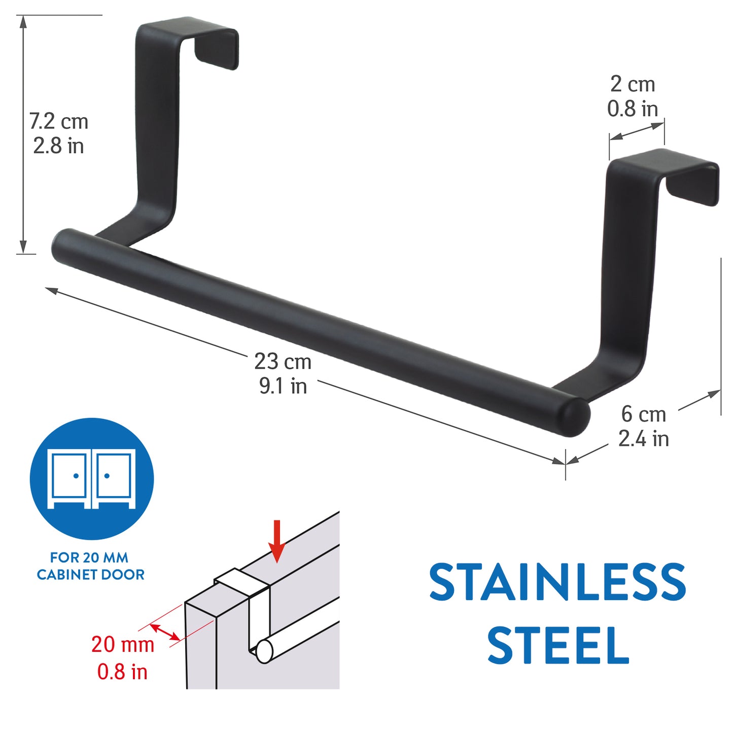 Over Door Towel Rail, Over the Door Towel Rail, Towel Holder for Cupboard Drawer Cabinet, Tatkraft Horizon Black, 8