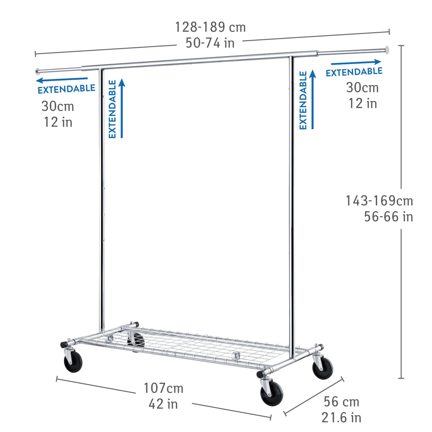 Heavy Duty Clothes Rail, Industrial Clothes Rail, Hanging, Extendable Clothes Rail, Foldable, on Wheels, Tatkraft Duncan, 8