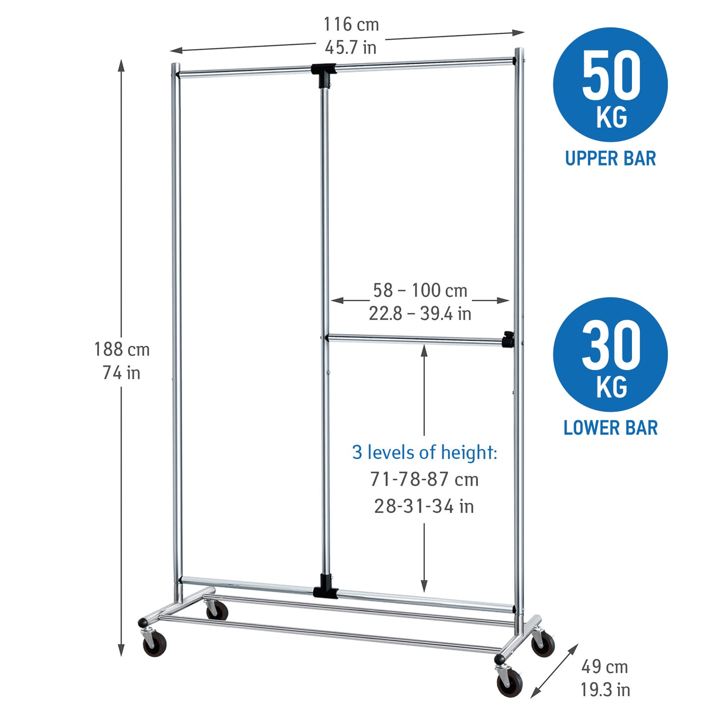 Clothes Rail, Clothes Rail Heavy Duty, Adjustable Clothes Rail, Clothes Rack with Wheels, Extendable, Tatkraft Marvel, 8