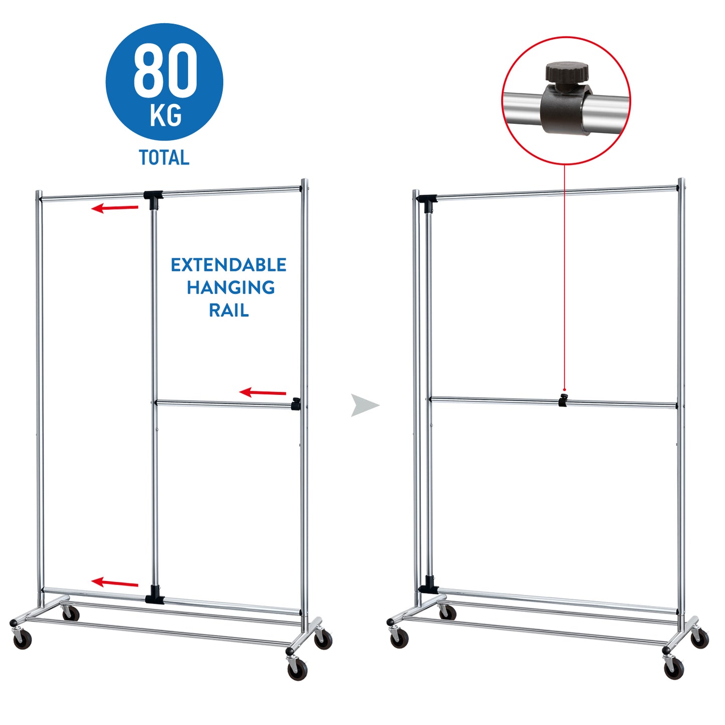 Clothes Rail, Clothes Rail Heavy Duty, Adjustable Clothes Rail, Clothes Rack with Wheels, Extendable, Tatkraft Marvel, 2