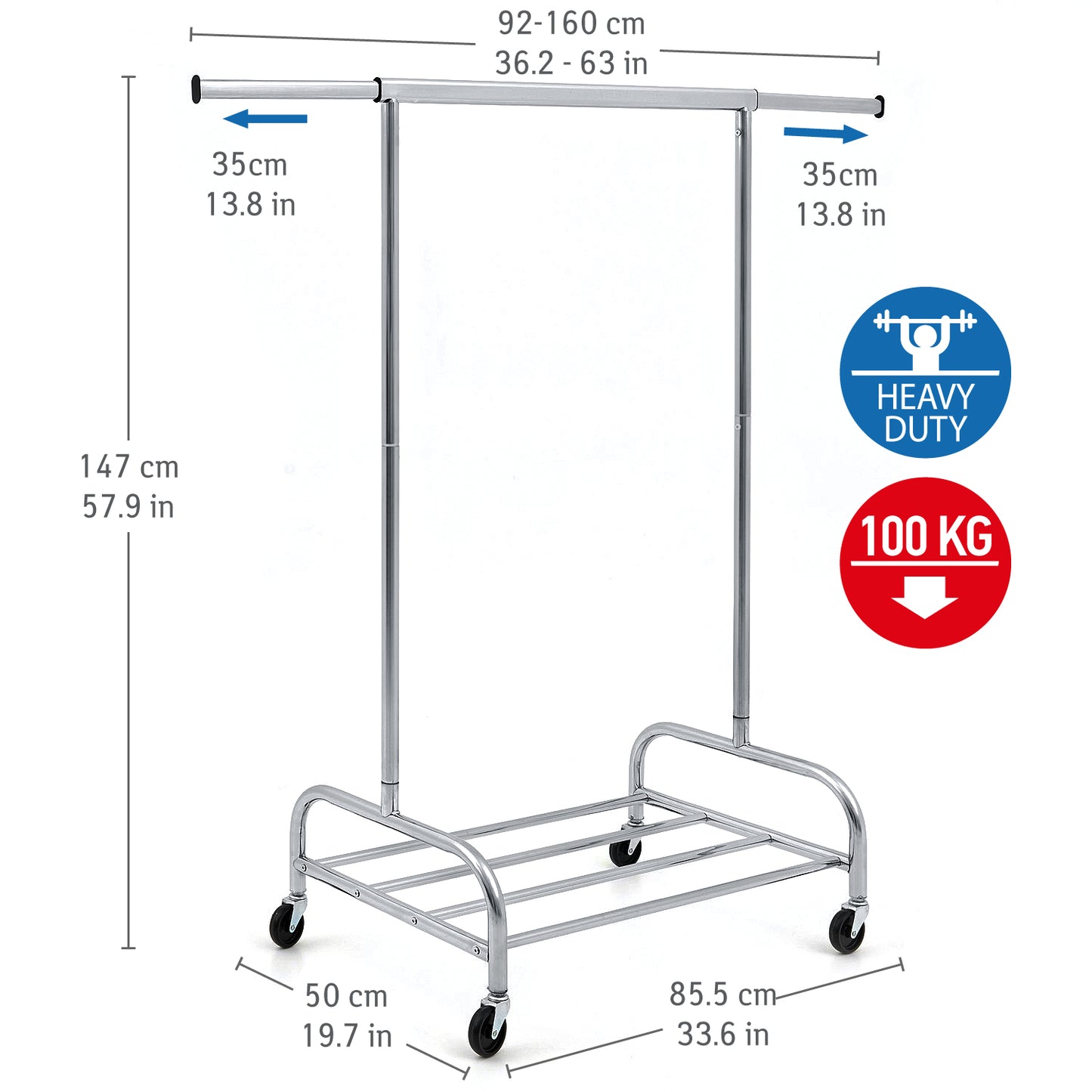 Heavy Duty Clothes Rail, 220 Lbs Capacity, Extendable Clothes Rail, on Wheels, with Bottom Shelf, Tatkraft Tiger, 2