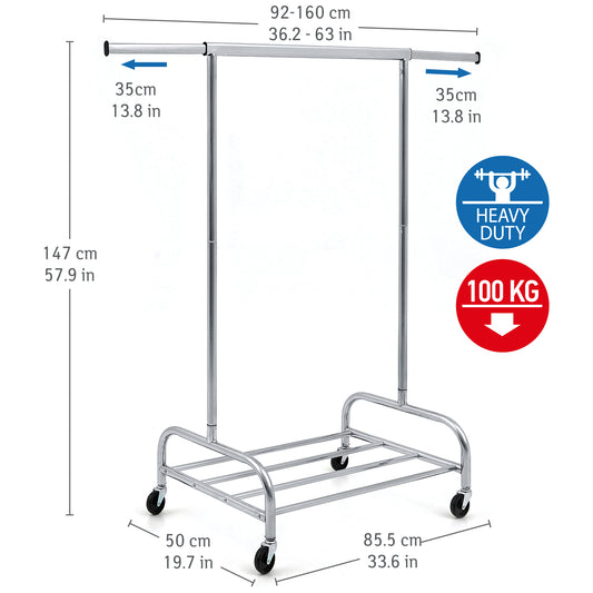 Heavy Duty Clothes Rail, 220 Lbs Capacity, Extendable Clothes Rail, on Wheels, with Bottom Shelf, Tatkraft Tiger, 2