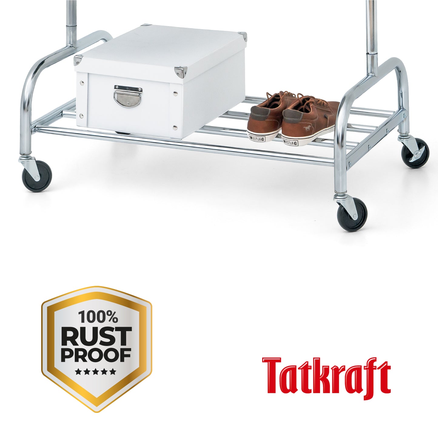 Heavy Duty Clothes Rail, 220 Lbs Capacity, Extendable Clothes Rail, on Wheels, with Bottom Shelf, Tatkraft Tiger, 3
