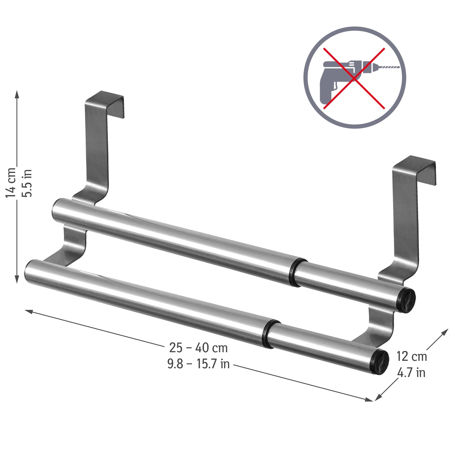Over Door Towel Rail, Double, Extendable Over Door Towel Rail, Tea Towel Holder for Cupboard Doors, Tatkraft Double, 3