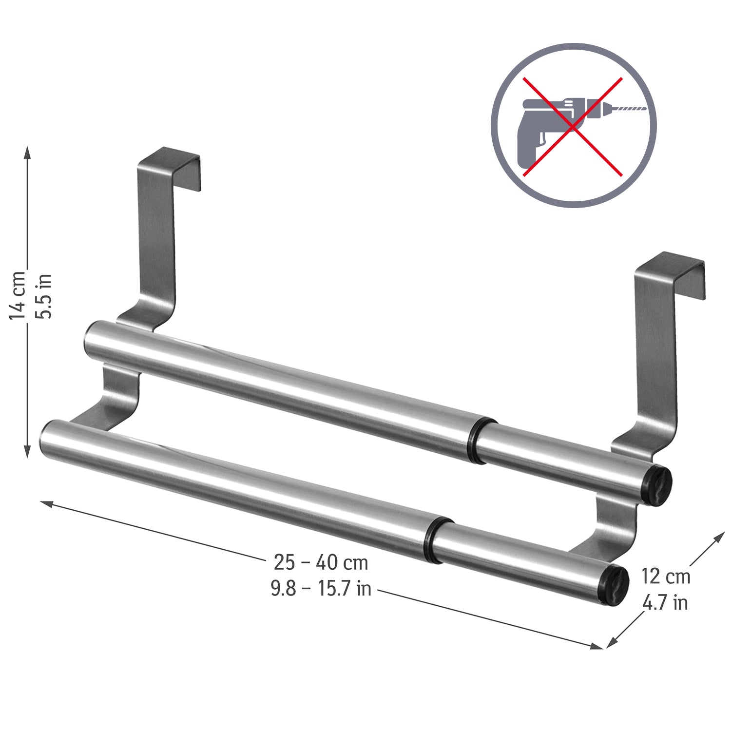 Over Door Towel Rail, Double, Extendable Over Door Towel Rail, Tea Towel Holder for Cupboard Doors, Tatkraft Double, 3