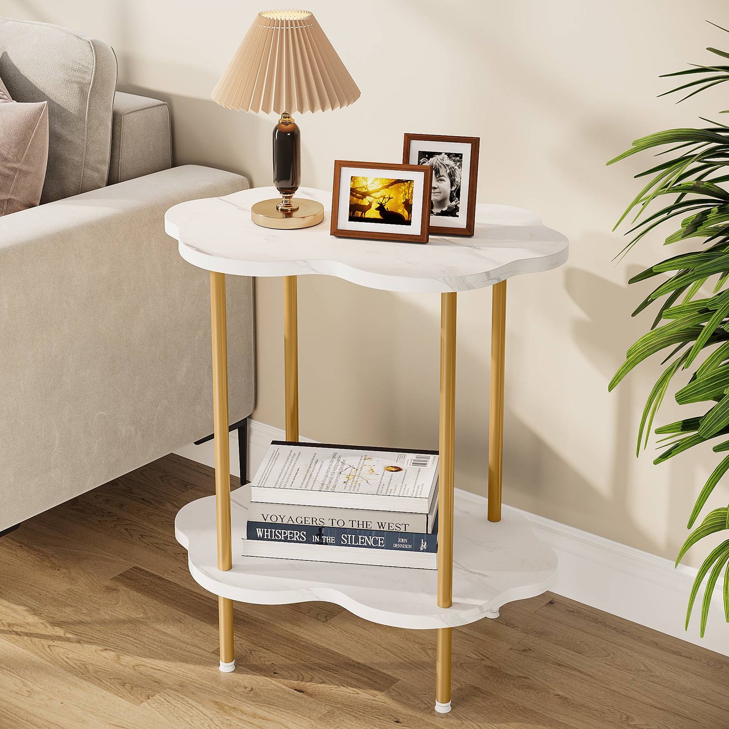 End Table, Faux Marble Cloud-Shaped Side Table with 2-Tier Shelves, Tribesigns, 2