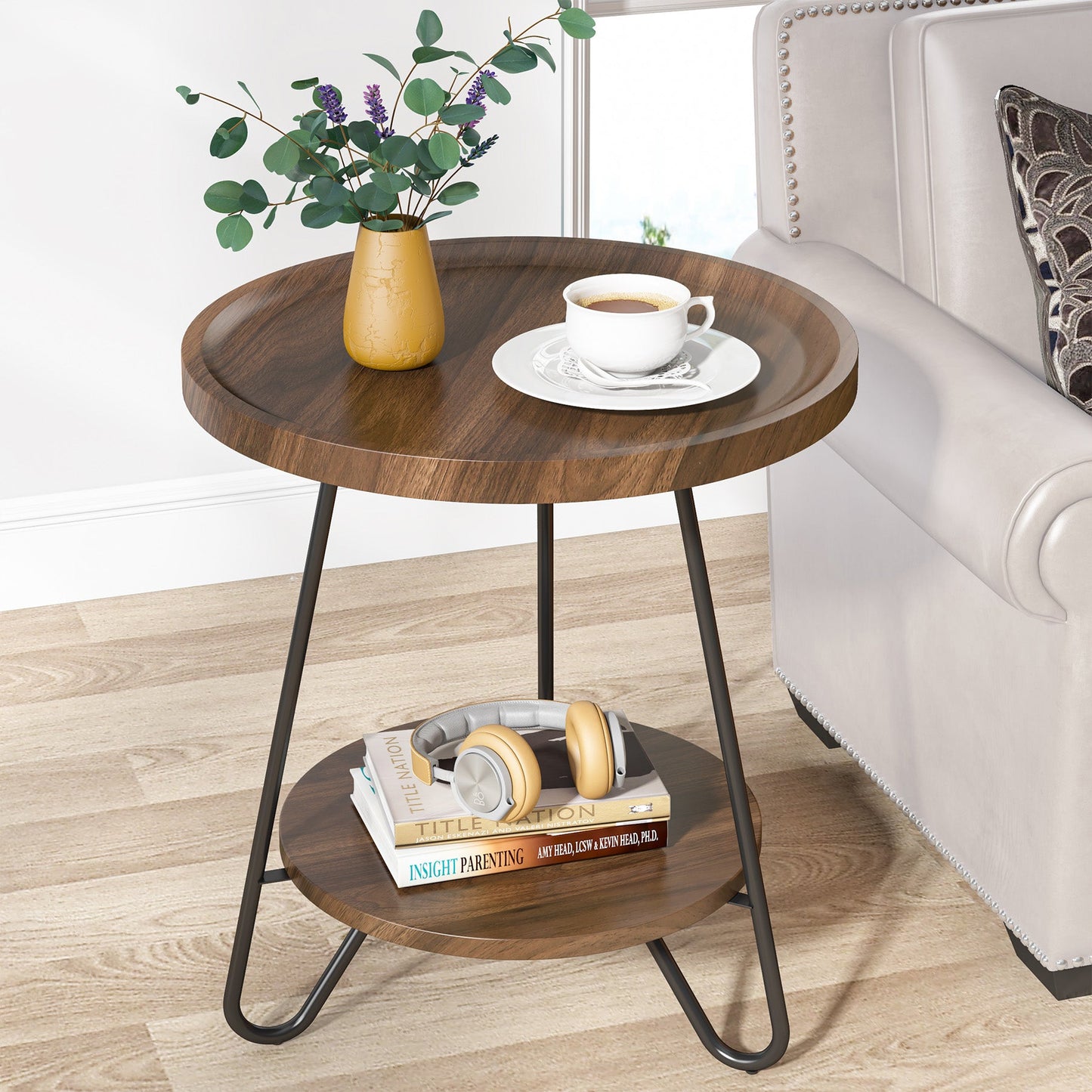 End Table, 2-Tier Round Side Table with Metal Legs, Tribesigns, 2