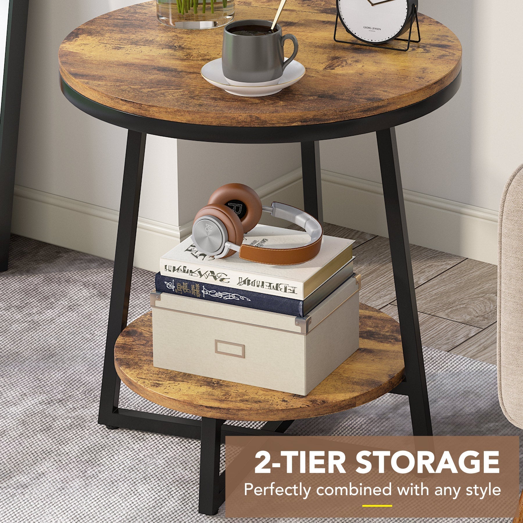 End 2 Tier Faux Marble Side Table, Modern Round Nightstand Tribesigns, 7