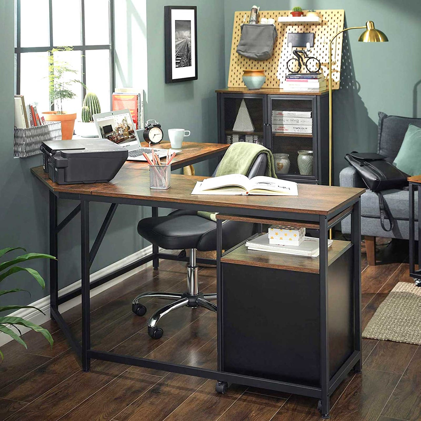 L-Shaped Computer Desk, Corner Desk for Study, Home Office, Gaming, Space-Saving, Easy Assembly, Rustic Brown, VASAGLE, 5