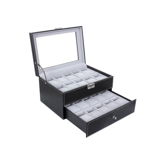 Watch Box, with 24 Slots, Large Watch, Storage Display Case, with Glass Lid, PU Cover, Black, Songmics, 1