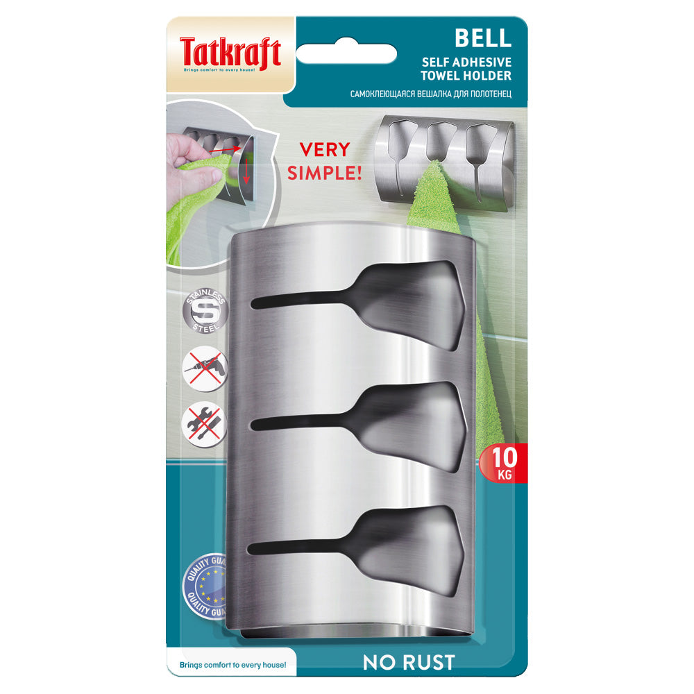 Tatkraft Bell – Triple Self Adhesive Tea Towel Holder,Towel Rail for Bathroom and Kitchen, Stainless Steel, up to 10 kg