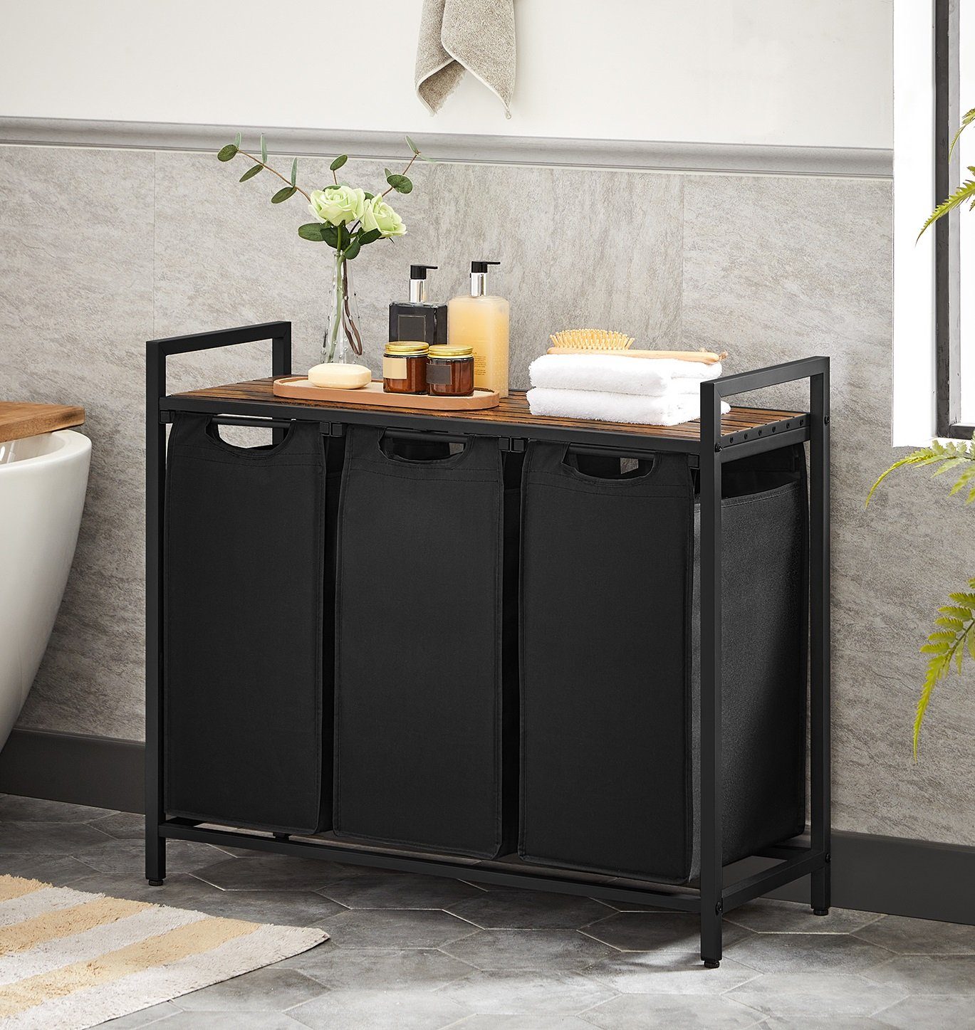 Laundry Basket, 3-Compartment Laundry Hamper, Pull-Out and Removable Laundry Bags, Laundry Sorter, Shelf, 3x38L