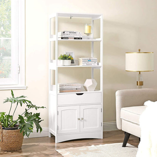 VASAGLE - Bathroom Storage Cabinet, Tall Cabinet, Free Standing Bookshelf, with 3 Open Shelves, 1 Drawer and 1 Cupboard, 60 x 32.5 x 154 cm