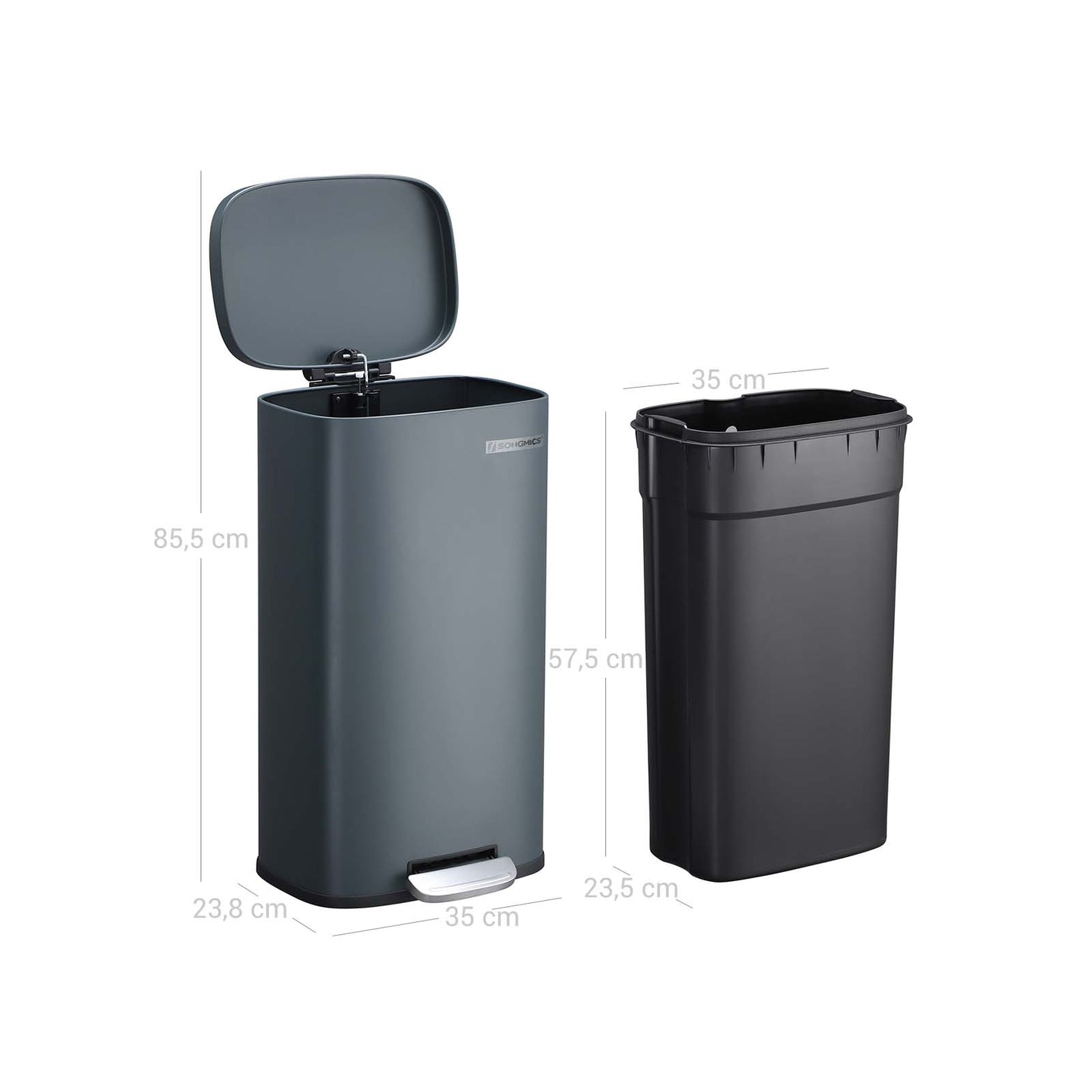 Kitchen Rubbish Bin, Pedal Trash Can 30L, with Plastic Inner Bucket, Hinged Lid, Soft Closure, SONGMICS, 7