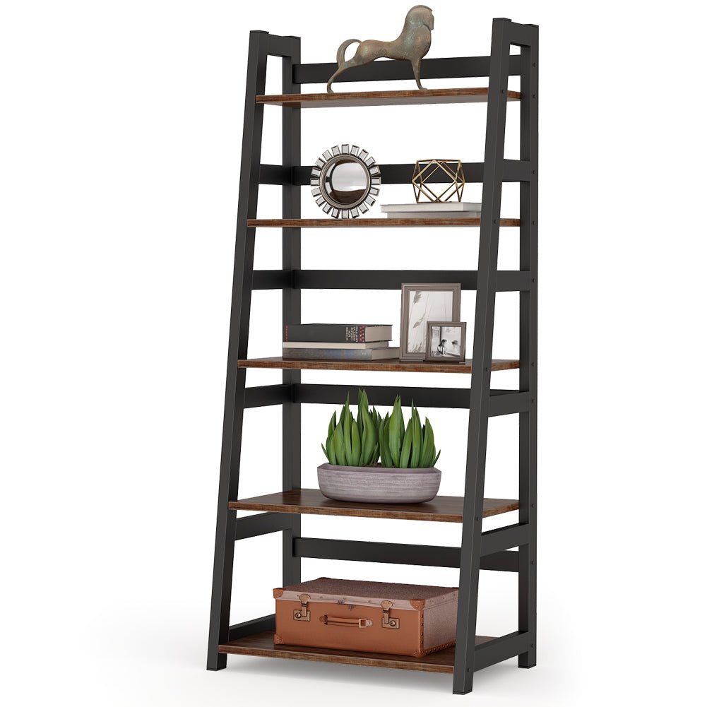 Bookshelf, 5-Tier Ladder Bookcase Etagere Storage Shelf, Retro Brown, Tribesigns, 2