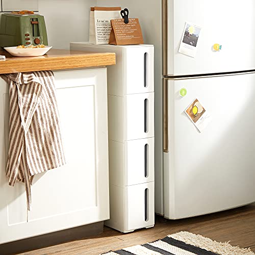 Storage Tower on Wheels, Narrow Kitchen Column, Plastic Shelf with 4 Levels, 45 x 17 x 84 cm, White and Grey, SONGMICS, 2