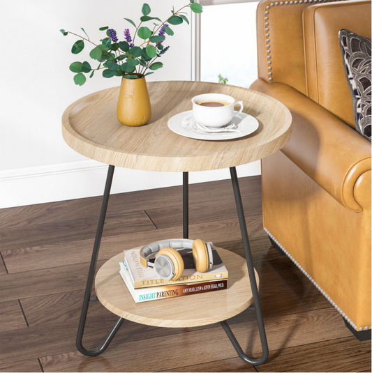 End Table, 2-Tier Round Side Table with Metal Legs Tribesigns