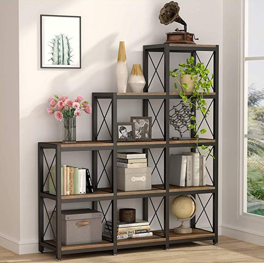 Bookshelf, 12 Shelves Industrial Bookcase, Industrial Corner Bookshelf, 9 Cubes Stepped Bookcase, Shelf Storage Organizer, 1