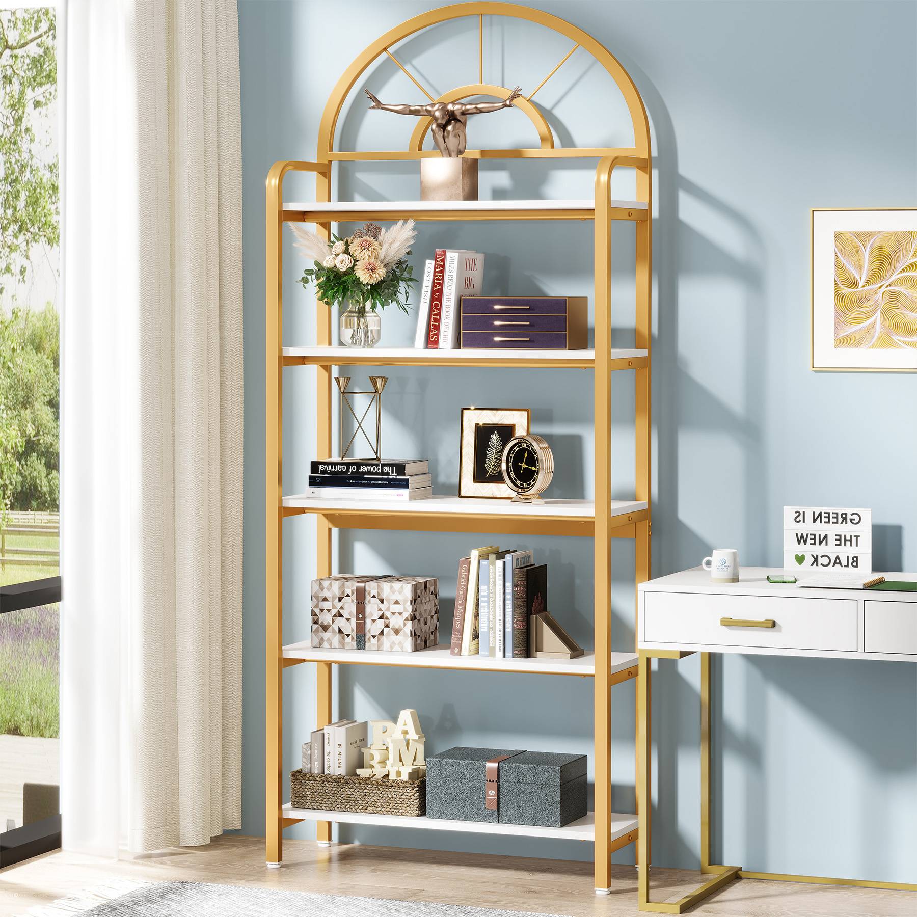 Bookshelf, 5-Tier Modern Arched Etagere Bookcase Storage Rack, Modern Luxury Look, Particleboard, metal frame, Tribesigns, 2