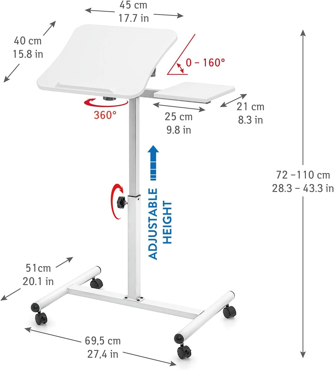 Laptop Desk, pc desk, 40x45 cm, with Mouse Board 25x21 cm, Adjustable Height 72–110 cm, Tatkraft Bianca