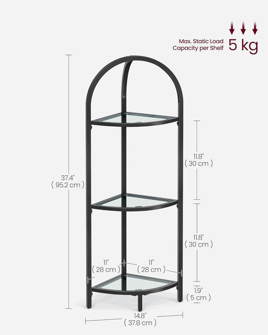 VASAGLE - Corner Shelf Stand, Small Bathroom Storage Organiser, 3-Tier Tempered Glass Shelf, Toilet Paper Stand, Plant Stand
