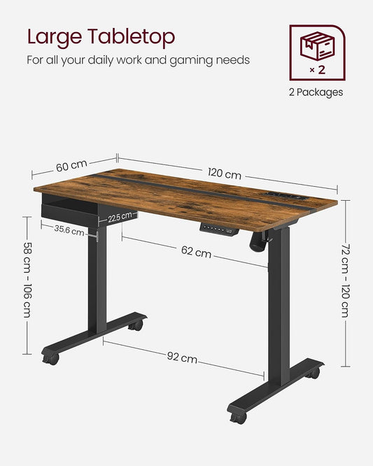 Height Adjustable Electric Standing Desk, 60 x 120 cm Desktop, Continuous Adjustment, Memory Function with 4 Heights, 2
