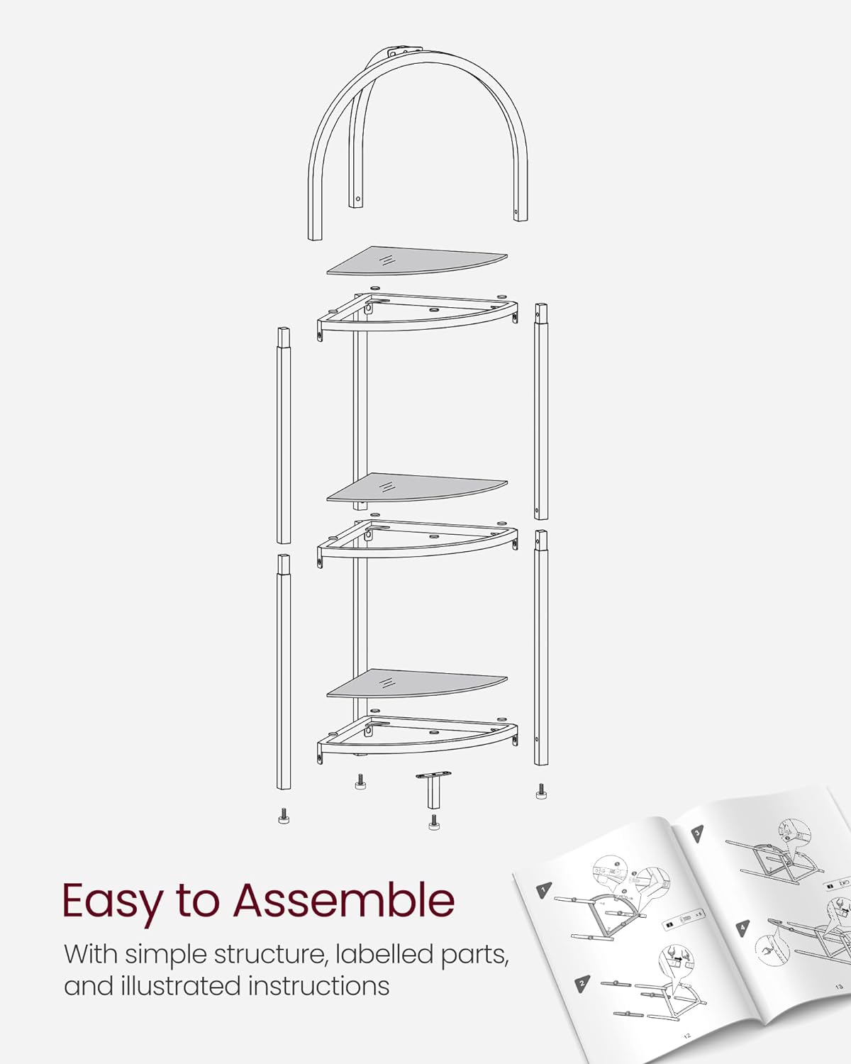 VASAGLE - Corner Shelf Stand, Small Bathroom Storage Organiser, 3-Tier Tempered Glass Shelf, Toilet Paper Stand, Plant Stand