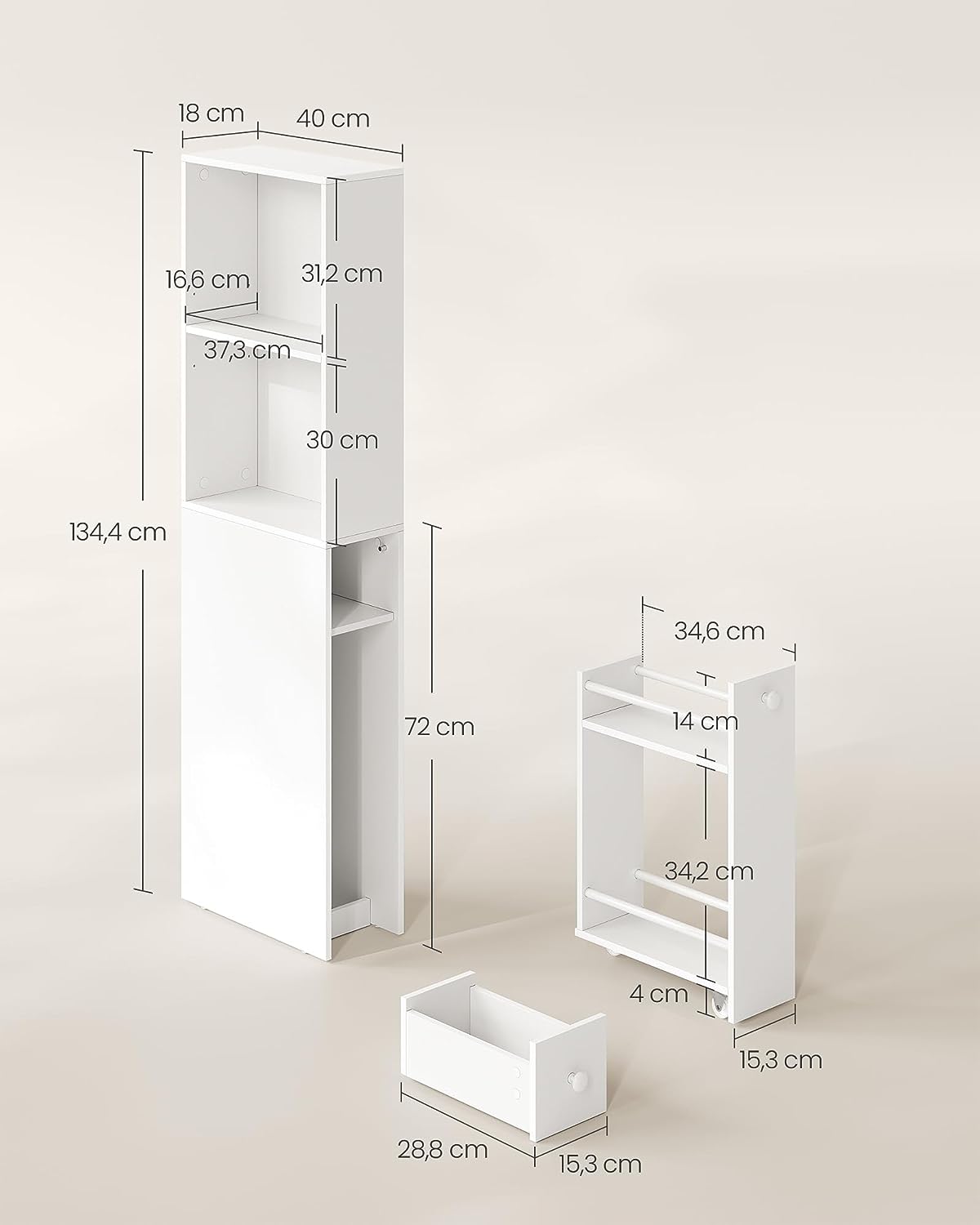 VASAGLE - Tall Bathroom Furniture, Slim Storage Unit, Column with Drawers and Adjustable Shelf, Wardrobe, Cupboard, for Small Spaces