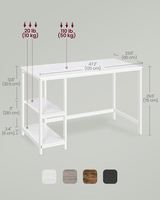 VASAGLE - Computer Desk, Writing Desk with 2 Shelves on Left or Right, Work Table for Office Living Room, Steel Frame, Modern, Maple White