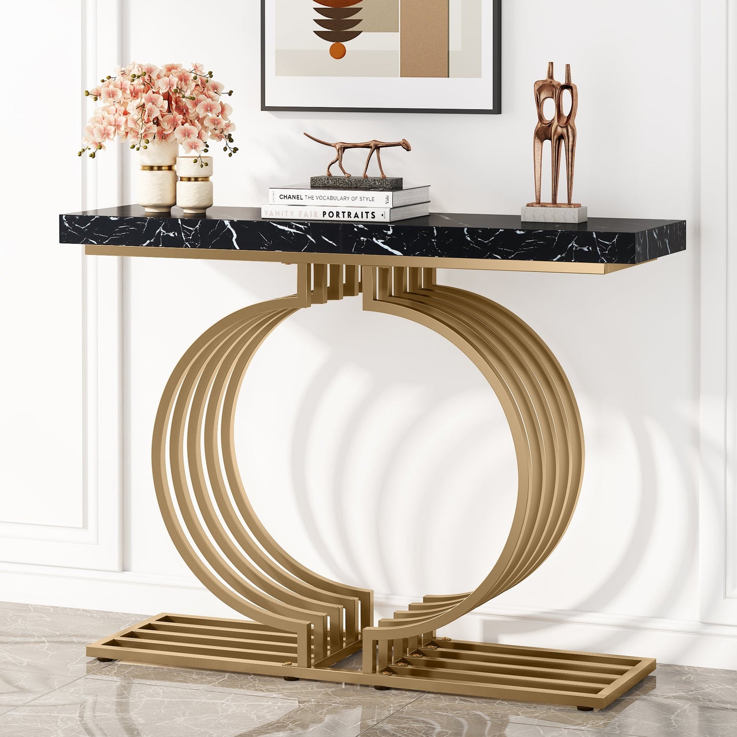 Tribesigns - Console Table, 40 inch Entryway Sofa Table with Gold Base, Faux Marble Black