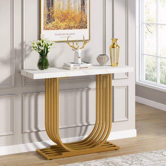 Console Table, 39" Faux Marble Entryway Sofa Table with U-Shaped Base, Hallway Table, Faux Marble White & Gold, Tribesigns, 2