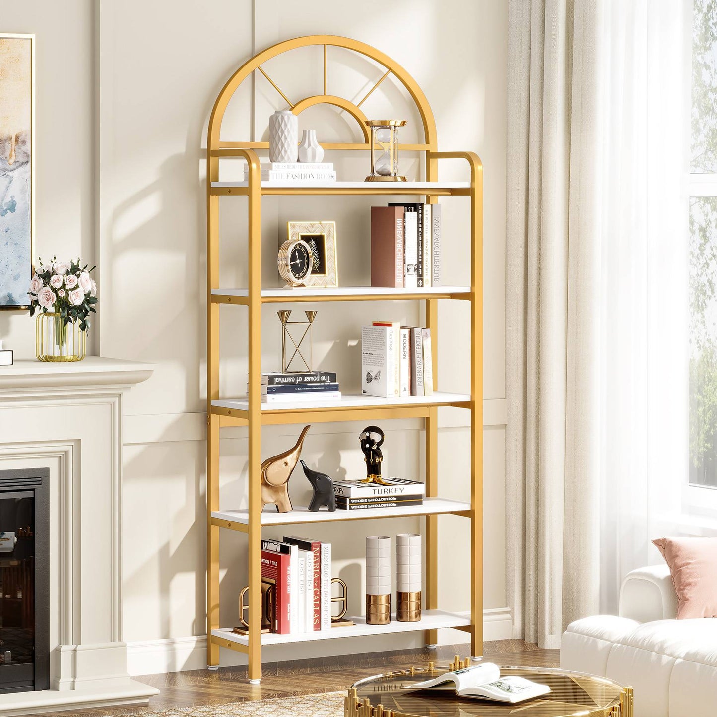 Bookshelf, 5-Tier Modern Arched Etagere Bookcase Storage Rack, Modern Luxury Look, Particleboard, metal frame, Tribesigns, 5