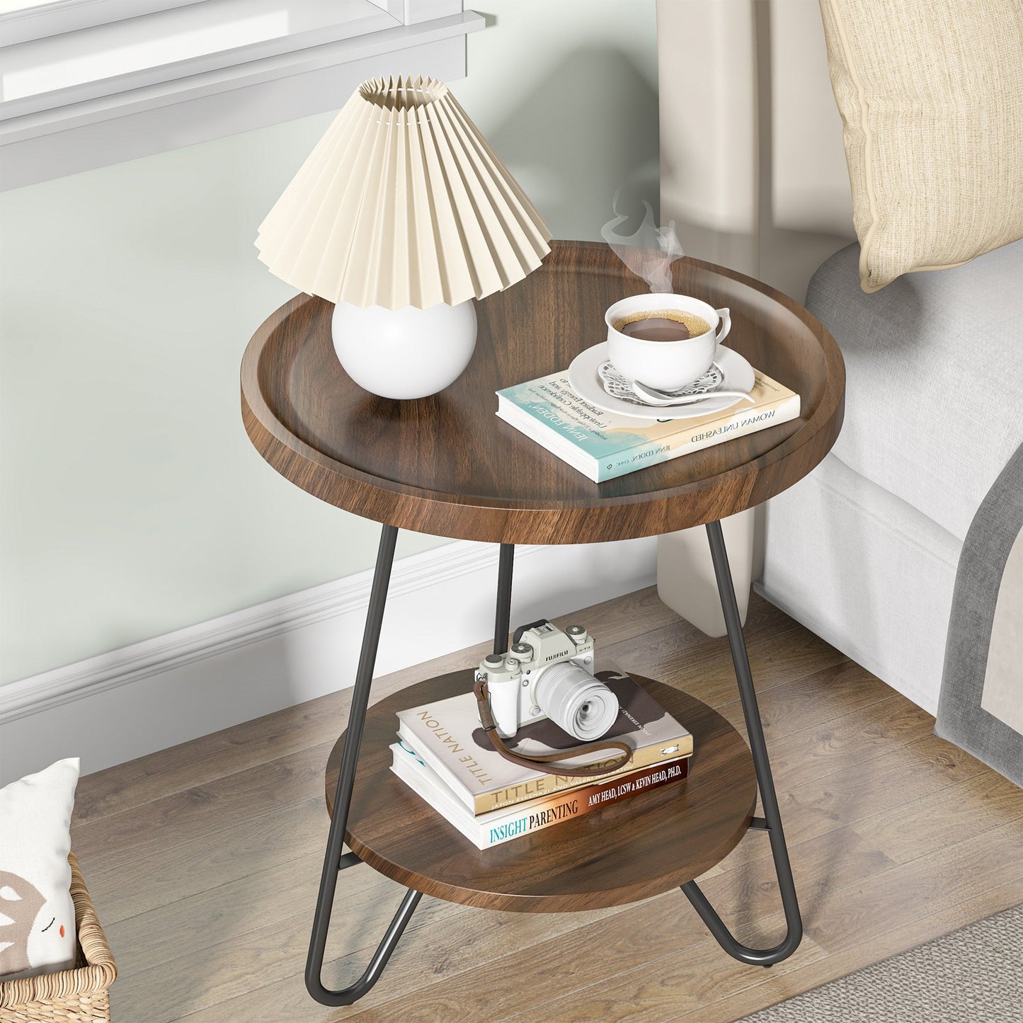 End Table, 2-Tier Round Side Table with Metal Legs, Tribesigns, 6
