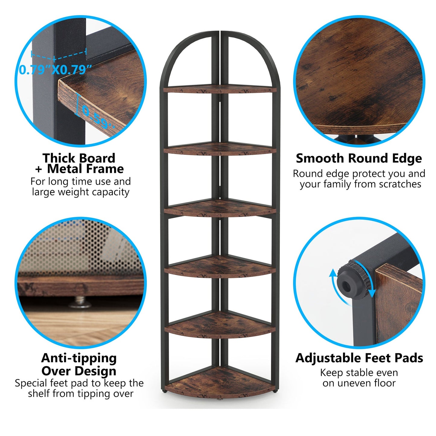 6-Tier Corner Shelf, 71 inch Tall Corner Bookshelf for Small Space, Wall Shelves, Storage Shelves, Wall mounted Bookcase, 6