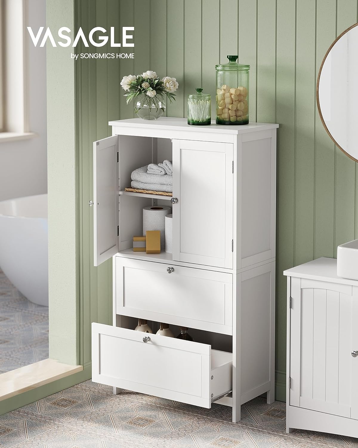 Bathroom Cabinet, Bathroom Cabinet, Kitchen Sideboard, Cabinet with 2 Drawers and 2 Doors, Adjustable Shelf, White