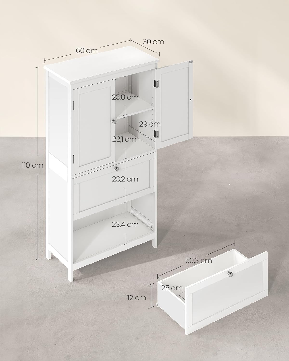 VASAGLE - Bathroom Cabinet, Bathroom Cabinet, Kitchen Sideboard, Cabinet with 2 Drawers and 2 Doors, Adjustable Shelf, 30 x 60 x 110 cm, White
