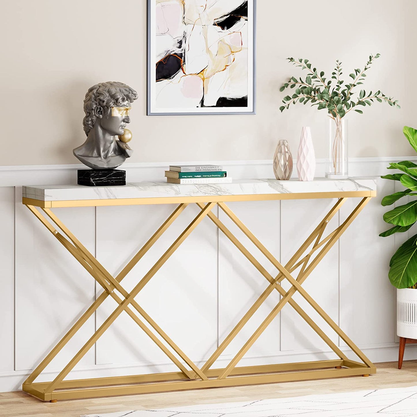Console Table, 55", Console Table for Hallway, Modern Entryway Sofa Table with  Gold Metal Legs, White & Gold, Tribesigns, 2