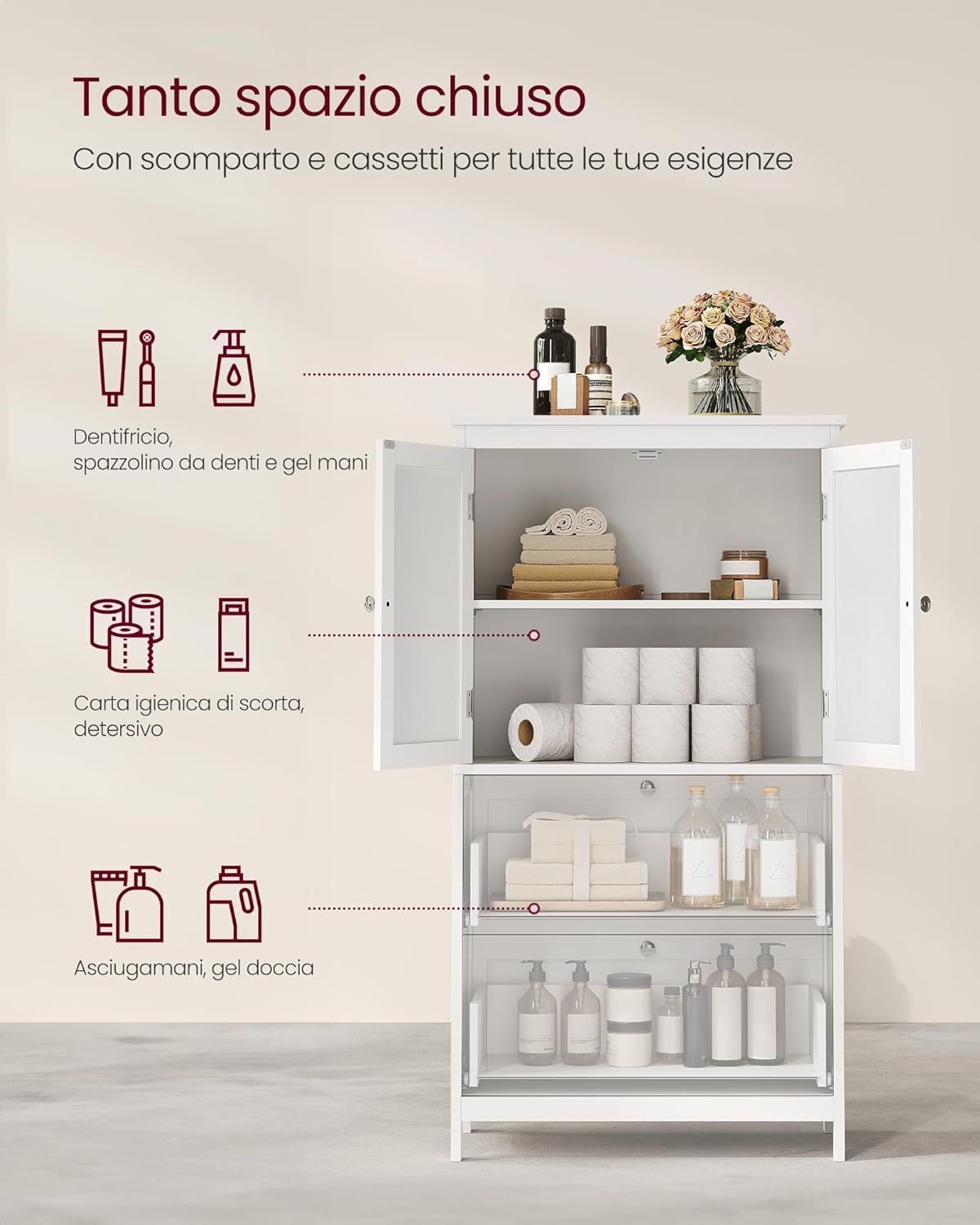 VASAGLE - Bathroom Cabinet, Bathroom Cabinet, Kitchen Sideboard, Cabinet with 2 Drawers and 2 Doors, Adjustable Shelf, 30 x 60 x 110 cm, White