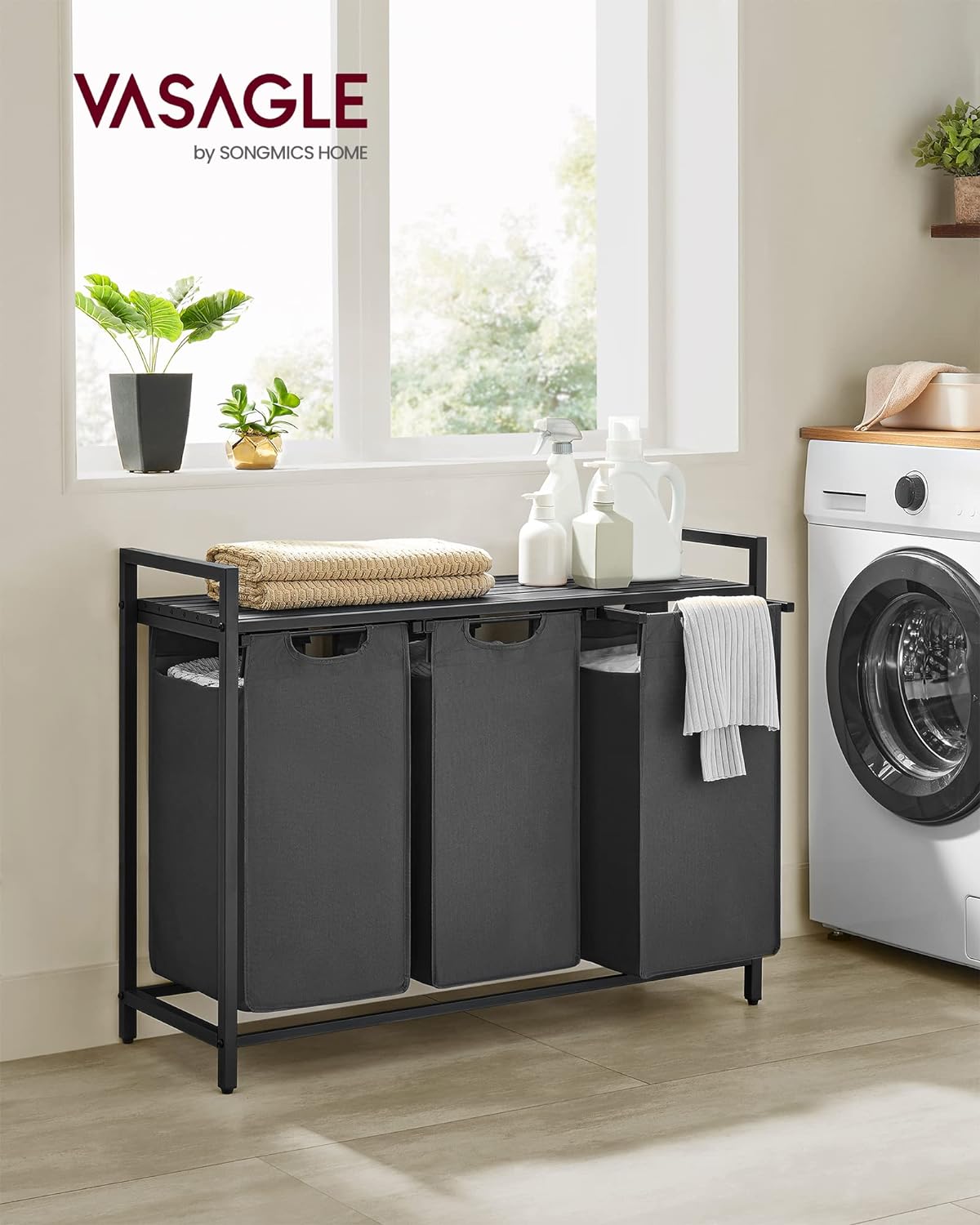 Laundry Basket, 3-Compartment Laundry Hamper, Pull-Out and Removable Laundry Bags, Laundry Sorter, 3 x 38L, VASAGLE, 8